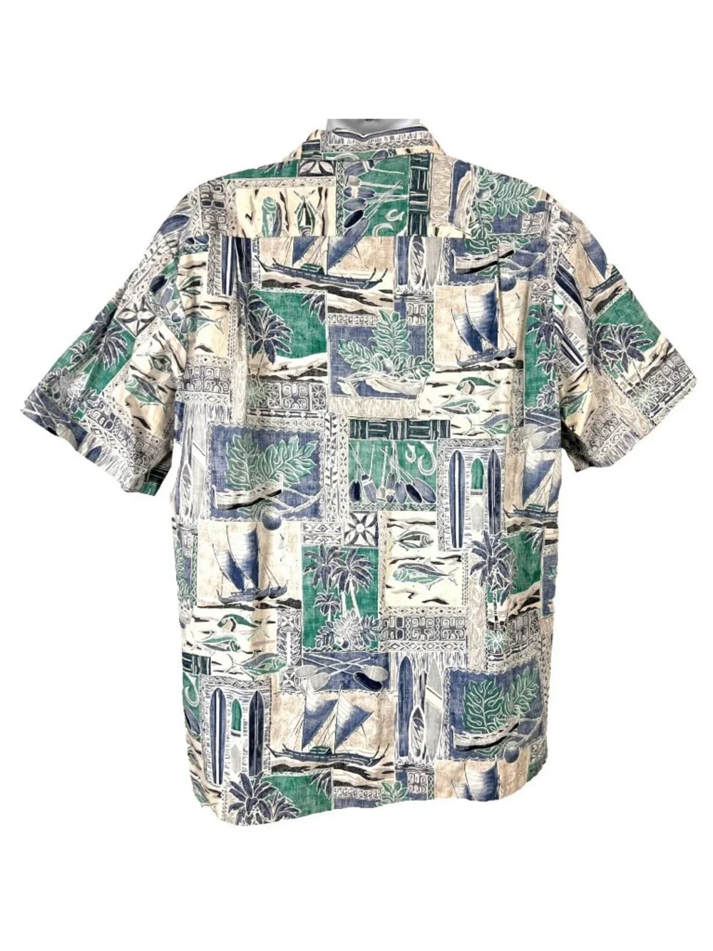 RJC Tapa Fish Canoe Ocean Mens Hawaiian Shirt size XL 49x31 Cotton USA Made